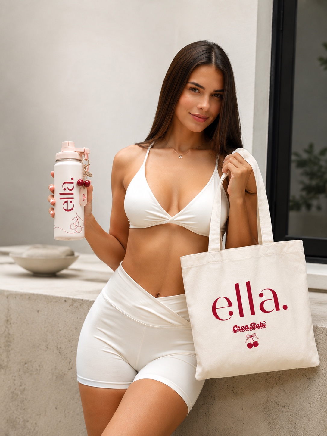 Mulher com garrafa e bolsa CREABABI